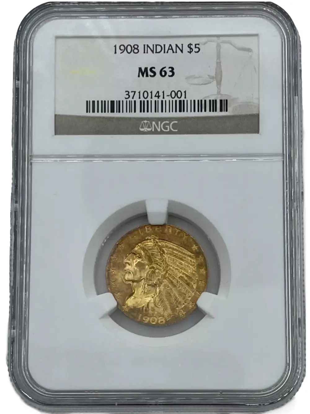 1908 $5 Indian Head Gold Half Eagle Coin, NGC MS-63